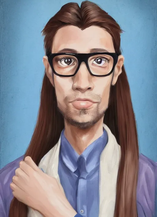 Prompt: a beautiful chad german guy with very long chestnut! hair, with glasses and short stubble! goatee cosplaying! a japanese cat girl, trade offer meme, digital painting, concept art, matte