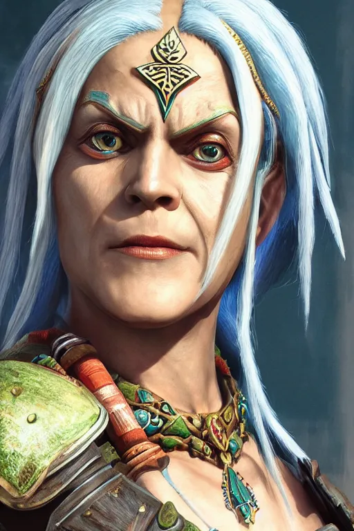 Image similar to Impa from Zelda oil on canvas, intricate, portrait, 8k highly professionally detailed, HDR, CGsociety