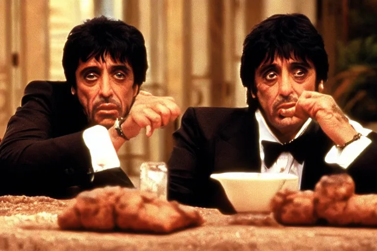 Image similar to tony montana from movie scarface 1 9 8 3 sitting at a big black oak table with big packages of flour. next to the night window. ( al pacino ). perfect symmetric face, coherent eyes,, fine details, 4 k, ron cobb, cinestill