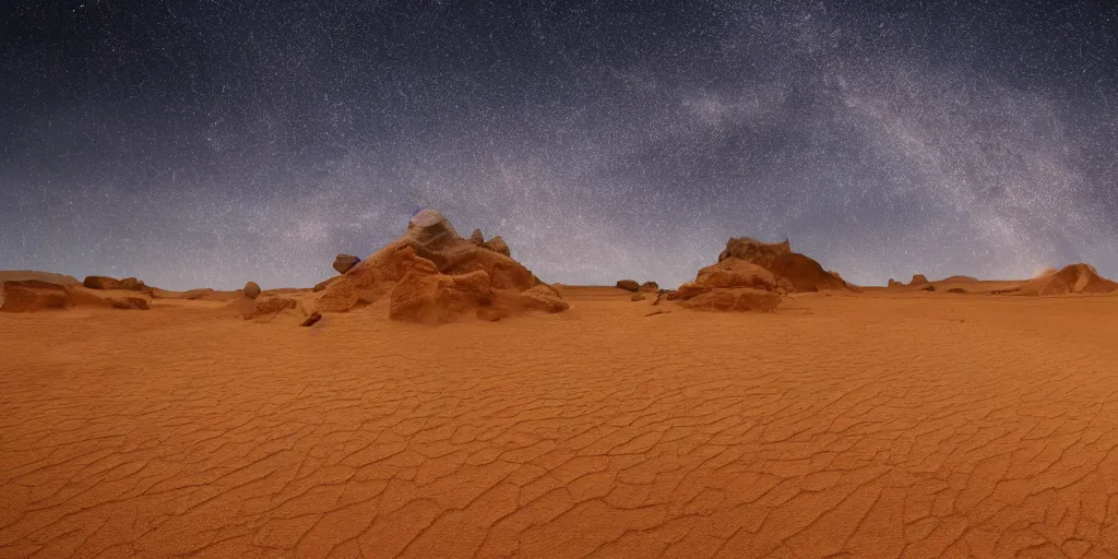 Image similar to desert with sky with starscinematic, highly detailed wide, atmospheric lighting, kekai kotaki style