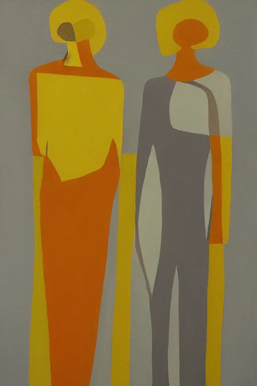 Image similar to neo cubistic painting of two tall figures, sandy yellow muted colors, in the style of Jessalyn Brooks