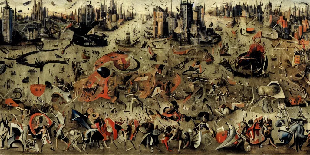 Prompt: The final battle between the Avengers and the Chitauri in New York by Hieronymus Bosch