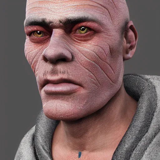 Image similar to portrait of a 5 0 - year - old draconic man with a bold head and shave face with scar on his face, wearing a simple robe, hyper realistic face, beautiful eyes, character art, art by mark brooks, hyperdetailed, cryengine, trending on artstation, digital art