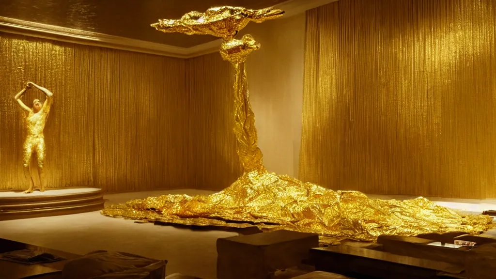 Image similar to a giant hand made of gold and water floats through the living room, film still from the movie directed by Denis Villeneuve with art direction by Salvador Dalí, wide lens