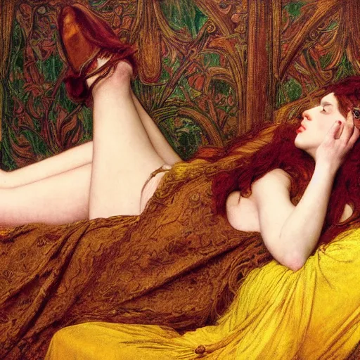 Image similar to preraphaelite photography reclining on bed, a hybrid of judy garland and a hybrid of lady gaga and nicole richie, aged 2 5, big brown fringe, wide shot, yellow ochre ornate medieval dress, john william waterhouse, kilian eng, rosetti, john everett millais, william holman hunt, william morris, 4 k