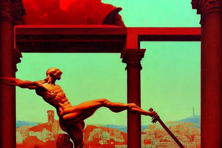 Image similar to only with red, a red melted apollo with a laurel wreath and a flaming sword announce win, athens in background, in the style of beksinski, parts by edward hopper, parts by rodcenko, parts by yue minjun, intricate and epic composition, red by caravaggio, insanely quality, highly detailed, masterpiece, red light, artstation, 4 k