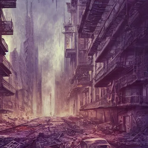 Prompt: post apocalyptic radiated ruined modern city, surrealism, deep aesthetic, abstract realism, highly ornate intricate details, 1 9 2 0's colored pencil, 4 k, cinematic lighting,