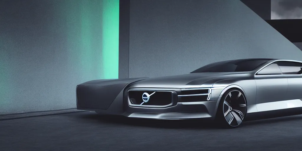 Image similar to a design of a futuristic Volvo, designed by Polestar and DMC, northern lights background, brushed rose gold car paint, black windows, dark show room, dramatic lighting, hyper realistic render, depth of field