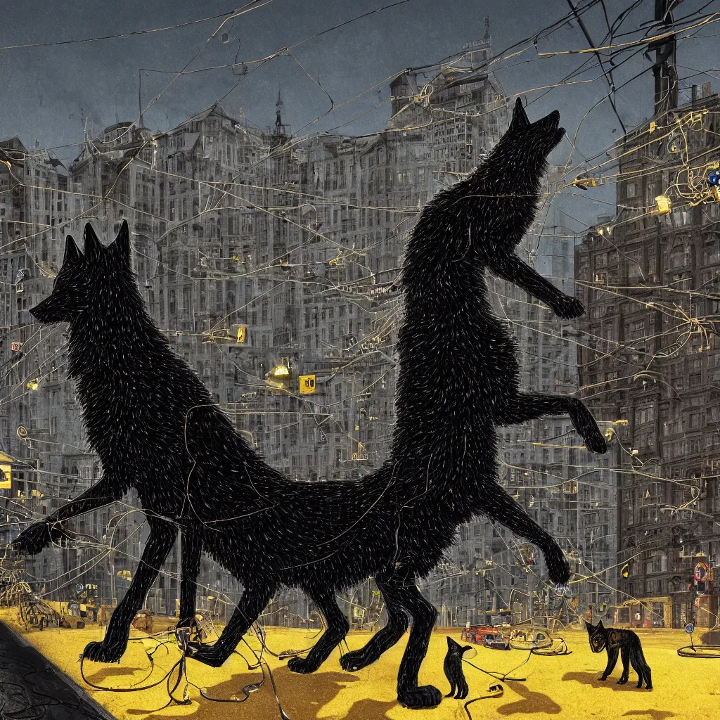 Prompt: a highly detailed black wolf wearing a golden crown perched on top of a giant analog synthesizer in the middle of downtown oslo, chewing on the cables and wires connected to it and running along the ground, while exotic dancers pose to the left and right of it. in the style of simon stalenhag.