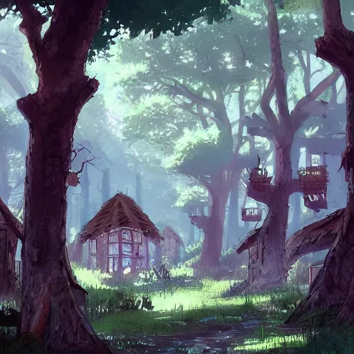 Image similar to concept art painting of a forest with houses made of trees and roots, houses inside trees, vines, deep forest, realistic, detailed, cel shaded, in the style of makoto shinkai and greg rutkowski and james gurney