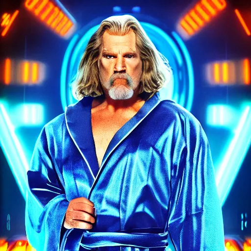 Prompt: dude lebowski dressed in bathrobe played by jeff bridges, stuck in tron realm, photorealistic movie still, detailed 8 k, poster style, high resolution