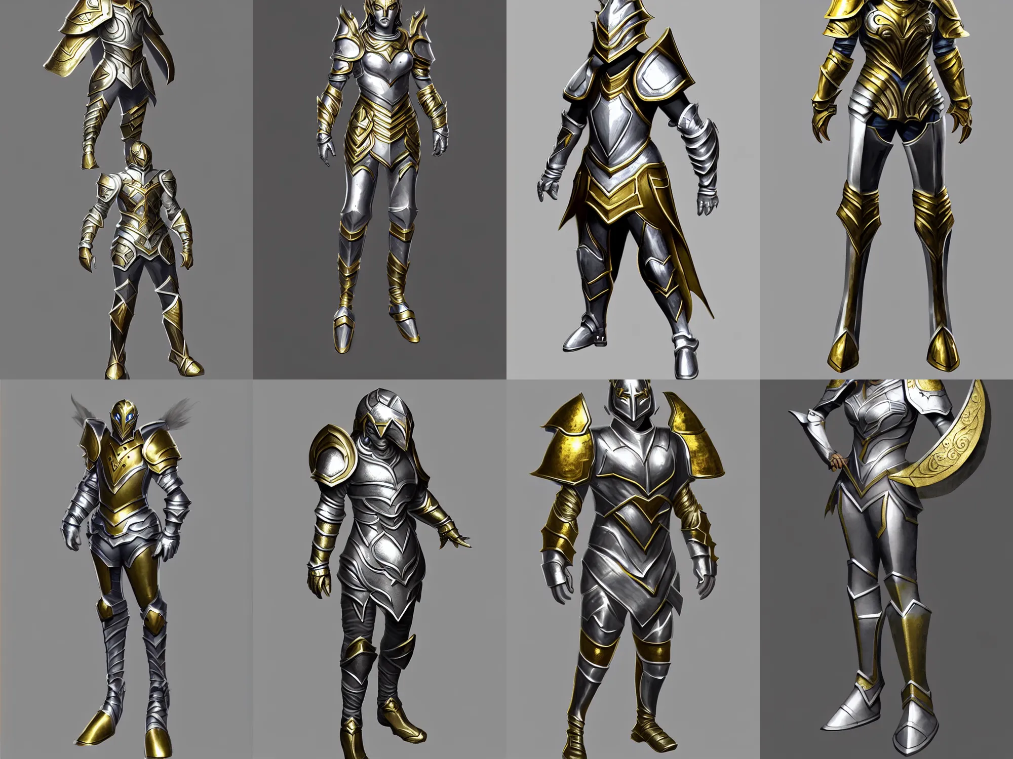 Prompt: heroic fantasy armor, silver with gold trim, extremely polished, exaggerated proportions, trending on polycount, fantasy character portrait, professional concept art, front view, A-pose, full body