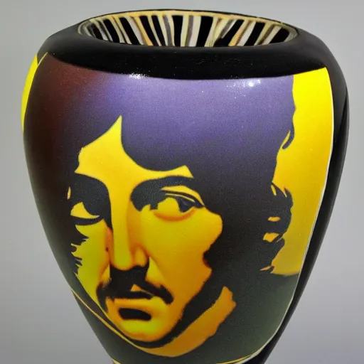 Prompt: vase work vase art of The beatles in a vase , greek art, fragmented clay firing Greek vase of The beatles