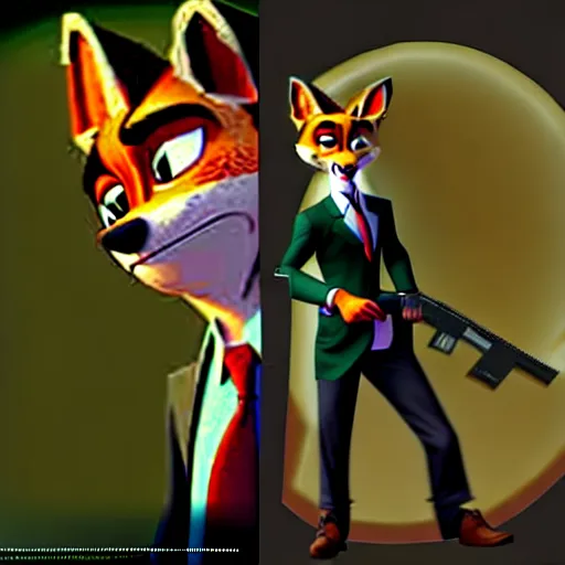 Image similar to concept art of nick wilde as max payne in max payne 3 set in gritty neo - noir zootopia, favela level