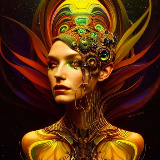 Prompt: extremely psychedelic beautiful cyborg viral queen infected by night. intricate, elegant, highly detailed, extremely lifelike photorealistic digital painting, artstation. steichen, gaston bussiere, tom bagshaw, brutalist cyberpunk alphonse mucha. elegant minimalism. anatomically correct. sharp focus. gold, black accents. surreal lush cosmic hallucination
