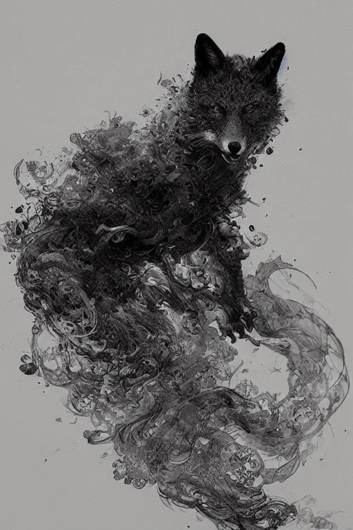 Image similar to portrait of a void fox in black suit surrounded by smoke fumes,, pen and ink, intricate line drawings, by craig mullins, ruan jia, kentaro miura, greg rutkowski