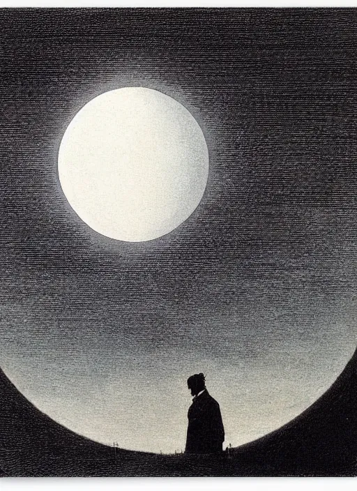 Image similar to a human silhouette observing an eclipse in the distance, painted by caspar david friedrich