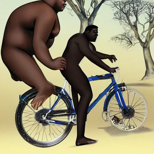 Image similar to a little black person rides on the shoulder's of a huge 7 ft tall 5 0 0 pound black man. hyperreal - h 6 4 0