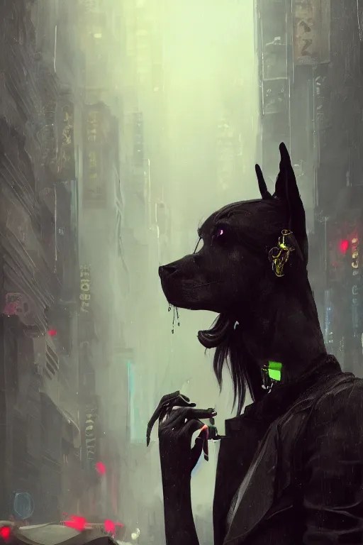 Image similar to beautiful portrait of a tall female anthro anubis smoking a cigarette in a bustling crowd of a rainy city street, goth punk clothes, cyberpunk, harsh neon lights, highly detailed, sharp focus, digital painting, illustration, trending on artstation, art by sakimichan, wlop, greg rutkowski
