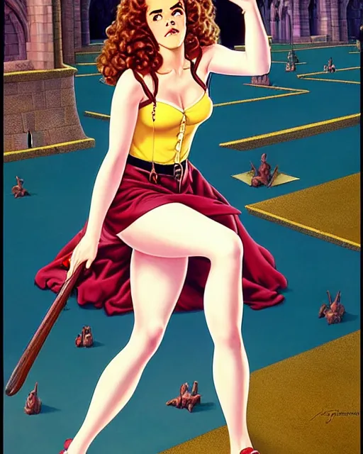 Image similar to pinup photo of of hermione granger by emma watson in the crowded square of hogwarts, by jean giraud, kezie demessance, gil elvgren, james jean, enoch bolles, glossy skin, pearlescent, anime, very coherent, flat, long shot