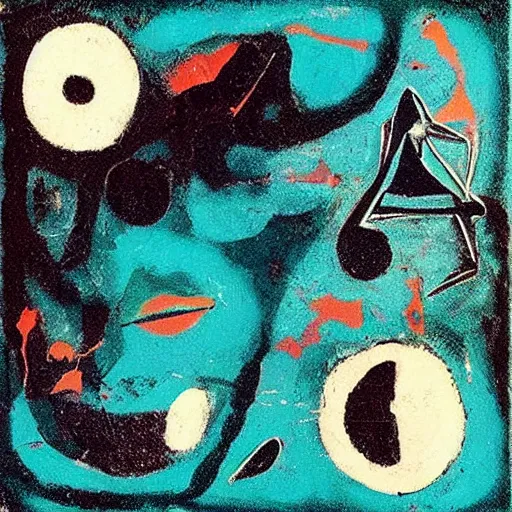 Image similar to “Coraline movie ‘other mother’ art noir, art deco, horror tones, 1950’s, solid coloured shapes, geometric, only form, no details, artists: Jackson Pollock teal palette, ”