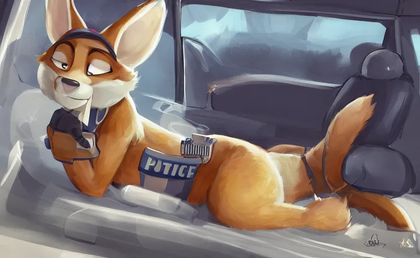 Prompt: a furry policewoman in the police uniform sleeping in the police car, artstation hq, stylized, symmetry, modeled lighting, expressive, studio photo refined, highly detailed, hyper realistic, furry, sense of awe, zootopia style
