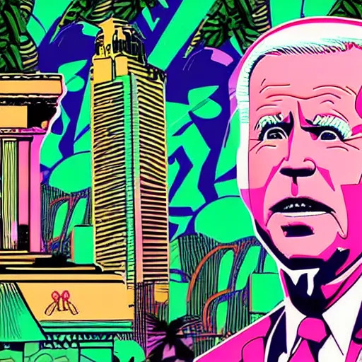 Image similar to vaporwave jungle city joe biden