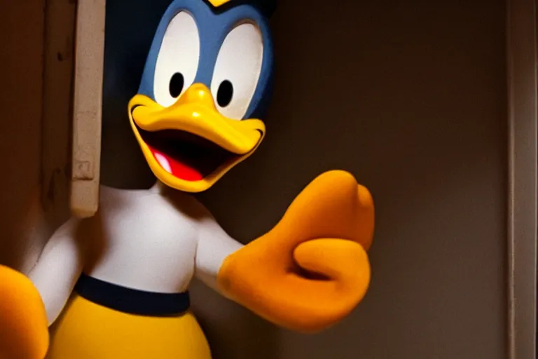 Image similar to donald duck in corner of dark room, smiling, horror