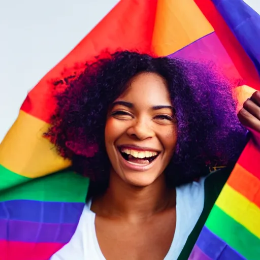 Prompt: black woman holding a bisexual pride flag and smiling