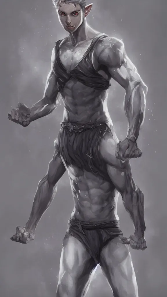 Image similar to a cute calm handsome young adult male muscular slim blu skin elf with grey light tight clothes concept art in the style of lee bermejo and greg rutkowski