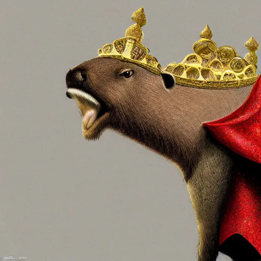 Prompt: detailed photorealistic painting of a capybara, wearing a ultra detailed ornamented gold crown with diamonds, in a highly detailed medieval knight armor with red cape, standing in front of a photorealistic detailed castle, sharp focus in the style of ruan jia, Mandy jurgens, cinematic light, concept art, trending on artstation, ultra realistic, 8k octane render, unreal engine