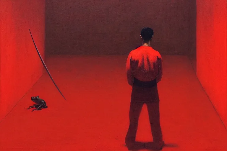 Image similar to only with red, a red samurai do seppuku, tokio, a lot of frogs watch, in the style of beksinski, parts by edward hopper, parts by rodcenko, parts by yue minjun, intricate and epic composition, red by caravaggio, insanely quality, highly detailed, masterpiece, red light, artstation, 4 k