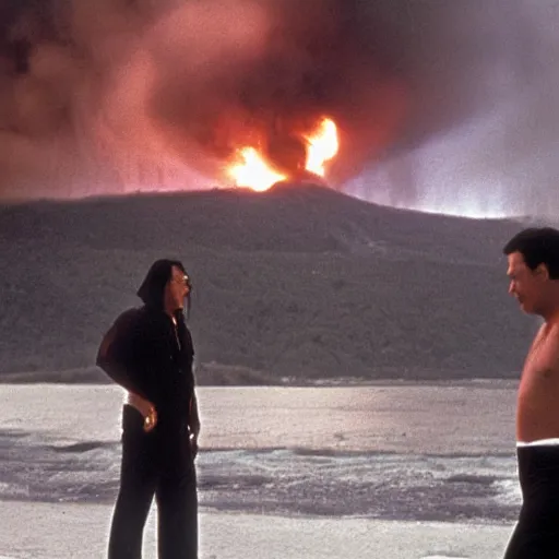 Image similar to scene of a movie with steven seagal with an explosion in the background