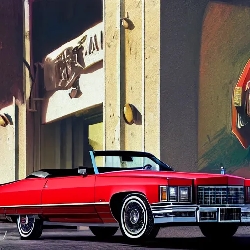 Prompt: imposing picture, one single red 1975 cadillac eldorado convertible car as a grand theft auto 5 loading screen, front view, intricate, studio, art by anthony macbain + greg rutkowski + alphonse mucha, concept art, sigma 200mm lens, sharp focus