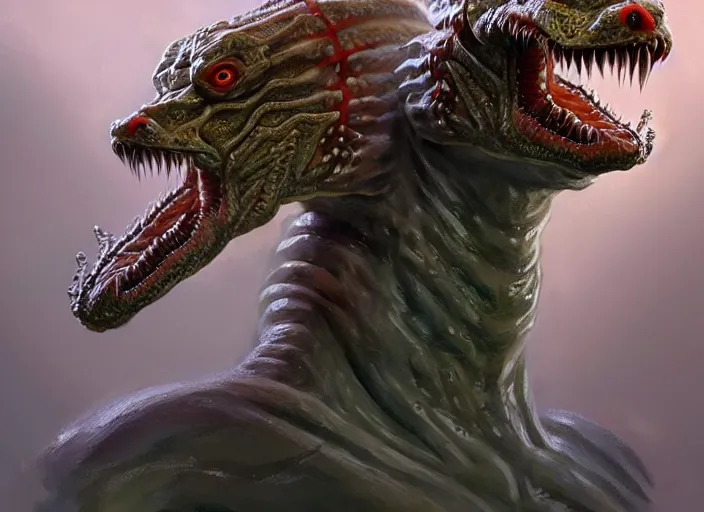 Image similar to hydra of lerna with two heads, one head is lloyd christmas, the other head is harry dunne ( from dumb and dumber ), serpentine water monster, d & d, fantasy, portrait, highly detailed, digital painting, trending on artstation, concept art, sharp focus, illustration, art by artgerm and craig mullins