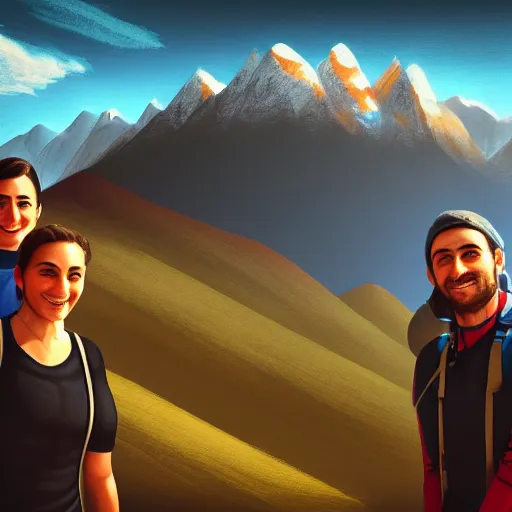 Prompt: close up photo of team in Armenia hiking at a weekend and posing with mountains on the background, elegant, highly detailed, digital painting, volumetric light, artstation, concept art, smooth, sharp focus, illustration