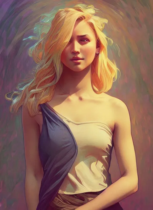 Image similar to handsome young women with shoulder length blonde hair, half body shot, path traced, highly detailed, high quality, digital painting, alena aenami, lilia alvarado, shinji aramaki, karol bak, alphonse mucha, tom bagshaw