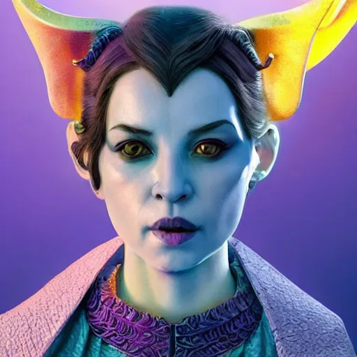 Image similar to A professional digital portrait painting of a female tiefling trickery domain cleric with blue skin dressed in light armor, 4k, digital art, trending on cgsociety, renaissance painting, highly detailed, head and shoulders shot, shallow depth of field, purple and yellow lighting, professional lighting, The Grand Budapest Hotel, airbrush, Hayao Miyazaki