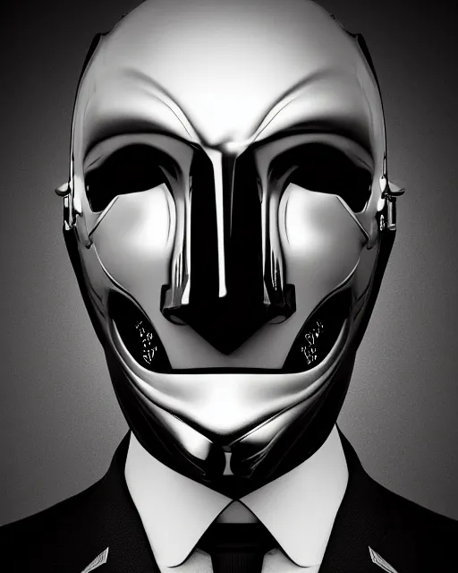 Image similar to portraits of a anthropomorphic-robot cyber-face techno mask in black tie suit by Eddie Mendoza retro photo by Louis Daguerre