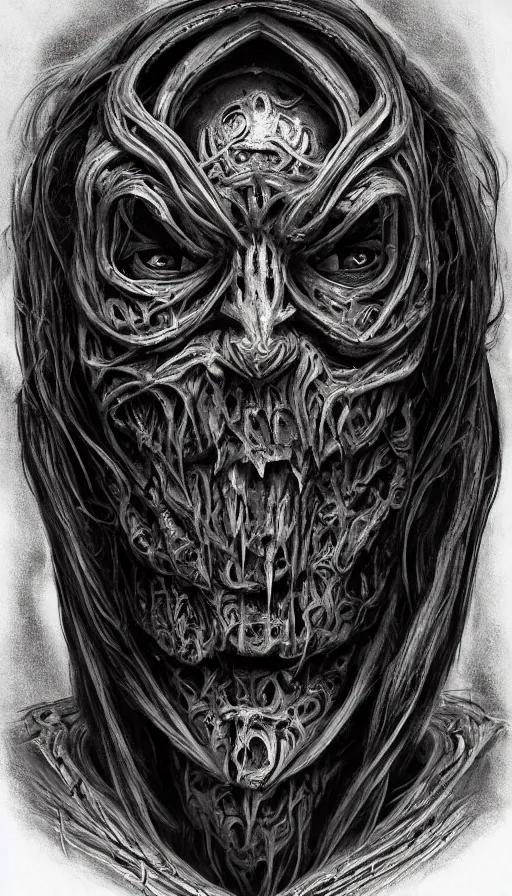 Prompt: Elden Ring and Doom themed painting of satanic demon hybrid cyborg beautiful angellic symmetrical face mask tattoo pattern concept, infinity glyph, intricate artwork by, Johnatan Wayshak, Zdizslaw Beksinski, face by Artgerm, H.R. Giger, very coherent artwork, cinematic, hyper realism, high detail, octane render, unreal engine, 8k, High contrast, golden ratio, trending on cgsociety, higly detailed black ink outline, crosshatch sketch gradient, ultra high quality model, production quality cinema model