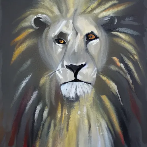 Prompt: abstract painting of albino white anthro lion wearing a coat