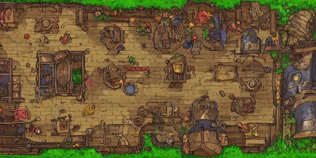 Image similar to A high detailed vector art presenting an aerial view of a cartoonish RPG tavern by dungeondraft, dofus, Patreon content, containing tables and walls, HD, straight lines, vector, grid, dnd map, map patreon, fantasy maps, foundry vtt, fantasy grounds, aerial view ,dungeondraft , tabletop, inkarnate, dugeondraft, roll20