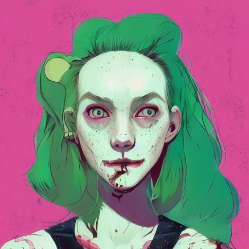 Image similar to Highly detailed portrait of pretty punk zombie young lady with freckles by Atey Ghailan, by Loish, by Bryan Lee O'Malley, by Cliff Chiang, inspired by image comics, inspired by graphic novel cover art, inspired by papergirls !! Gradient color scheme ((grafitti tag brick wall background)), trending on artstation