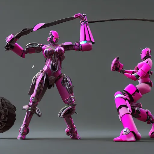 Image similar to warrior woman fights, pink robot enemies, octane render, cgsociety, detailed