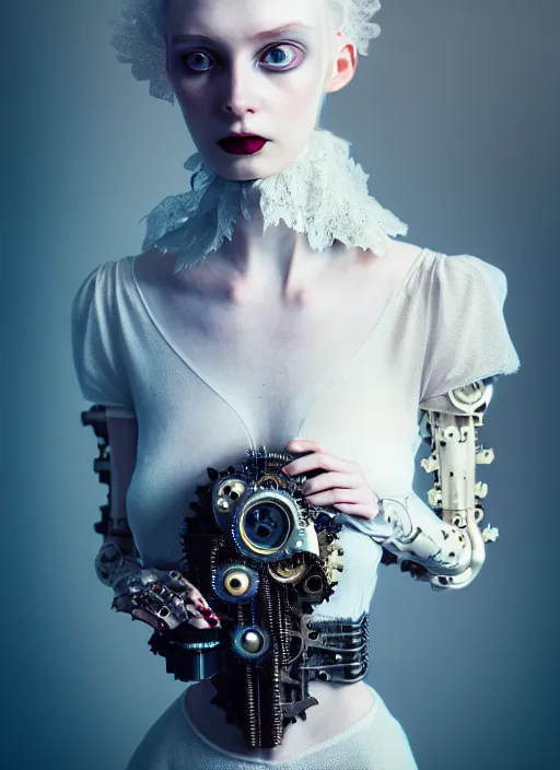 Prompt: kodak portra 4 0 0 photo portrait of a beautiful pale woman in style of tim walker, silver lace floral steampunk biomechanical, one techno eye female cyborg, big monocular, volumetric light, coloured gel light, gothic fashion, octane render, 8 k