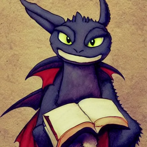 Prompt: cute dragon reading a book in the style of how to train your dragon