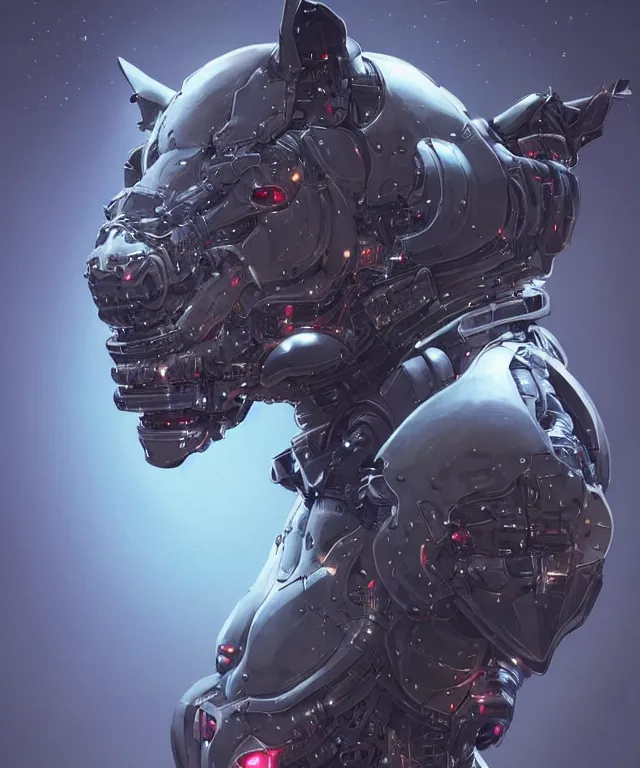 Image similar to an anthropomorphic rhinoceros portrait wearing a part cybernetic body, surrealism , scifi, intricate mecha armor, elegant, highly detailed cybernetic body, neon glowing eyes, digital painting, artstation, concept art, smooth, sharp focus, illustration, art by Artgerm and moebius and Peter Mohrbacher