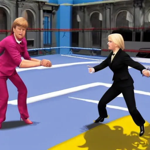 Image similar to Mortal Combat 5 screenshot of first Minister Nicola Sturgeon fighting British conservative Mp Liz Truss in battle