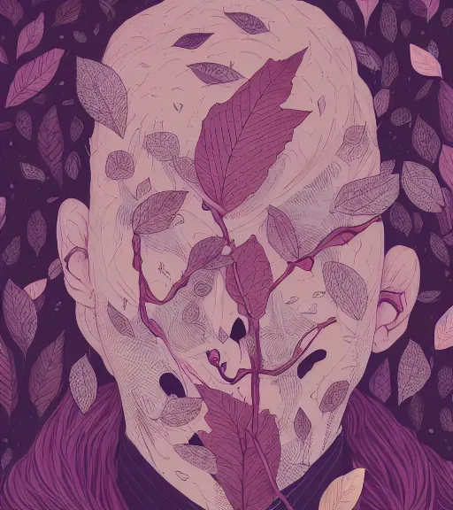 Prompt: portrait, nightmare anomalies, leaves by miyazaki, violet and pink palette, white, illustration, kenneth blom, mental alchemy, james jean, pablo amaringo, naudline pierre, contemporary art, hyper detailed