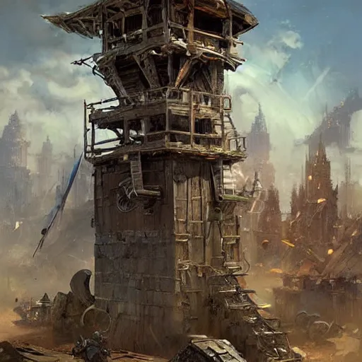 Prompt: a moving siege tower machine with cart wheels, crossbow on the tower, epic fantasy style art by Craig Mullins, fantasy epic digital art, epic fantasy card game art by Greg Rutkowski